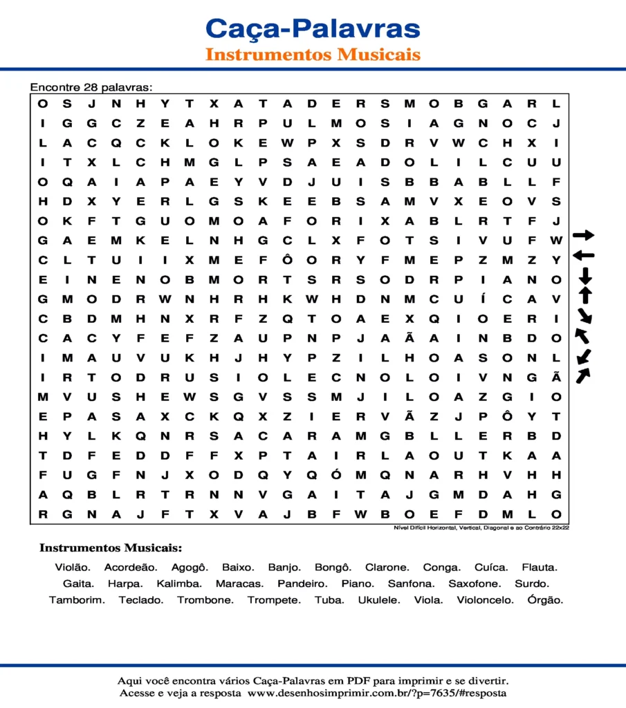 Instrumentos Musicais Nível Difícil Horizontal, Vertical, Diagonal e ao Contrário 22x22 caça palavras Caça Palavras Instrumentos Musicais Nível Difícil Horizontal, Vertical, Diagonal e ao Contrário 22x22 para imprimir