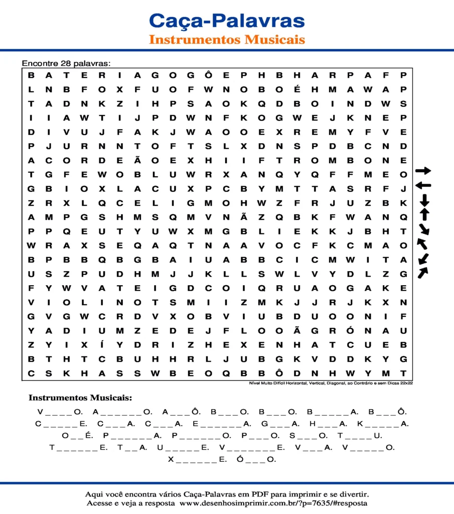 Instrumentos Musicais Nível Muito Difícil Horizontal, Vertical, Diagonal, ao Contrário e sem Dicas 22x22 caça palavras Caça Palavras Instrumentos Musicais Nível Muito Difícil Horizontal, Vertical, Diagonal, ao Contrário e sem Dicas 22x22 para imprimir