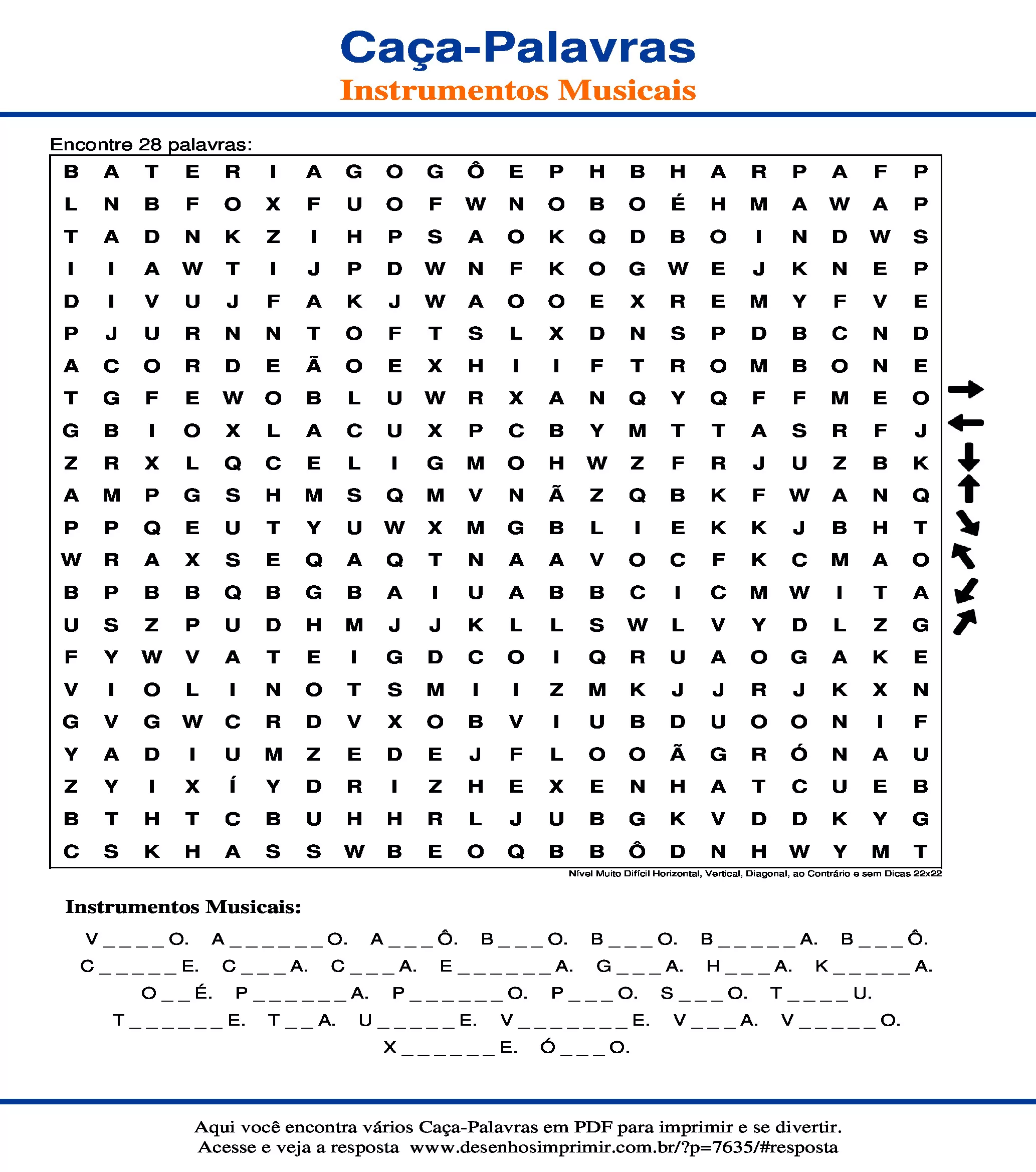 Caça Palavras Nível Muito Difícil Horizontal, Vertical, Diagonal, ao Contrário e sem Dicas 22x22