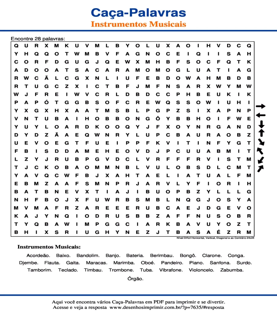 Instrumentos Musicais Nível Difícil Horizontal, Vertical, Diagonal e ao Contrário 24x24 caça palavras Caça Palavras Instrumentos Musicais Nível Difícil Horizontal, Vertical, Diagonal e ao Contrário 24x24 para imprimir
