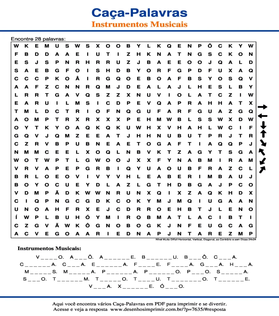 Instrumentos Musicais Nível Muito Difícil Horizontal, Vertical, Diagonal, ao Contrário e sem Dicas 24x24 caça palavras Caça Palavras Instrumentos Musicais Nível Muito Difícil Horizontal, Vertical, Diagonal, ao Contrário e sem Dicas 24x24 para imprimir