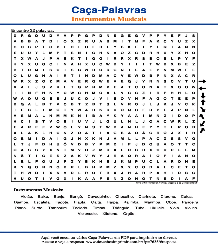 Instrumentos Musicais Nível Difícil Horizontal, Vertical, Diagonal e ao Contrário 26x26 caça palavras Caça Palavras Instrumentos Musicais Nível Difícil Horizontal, Vertical, Diagonal e ao Contrário 26x26 para imprimir