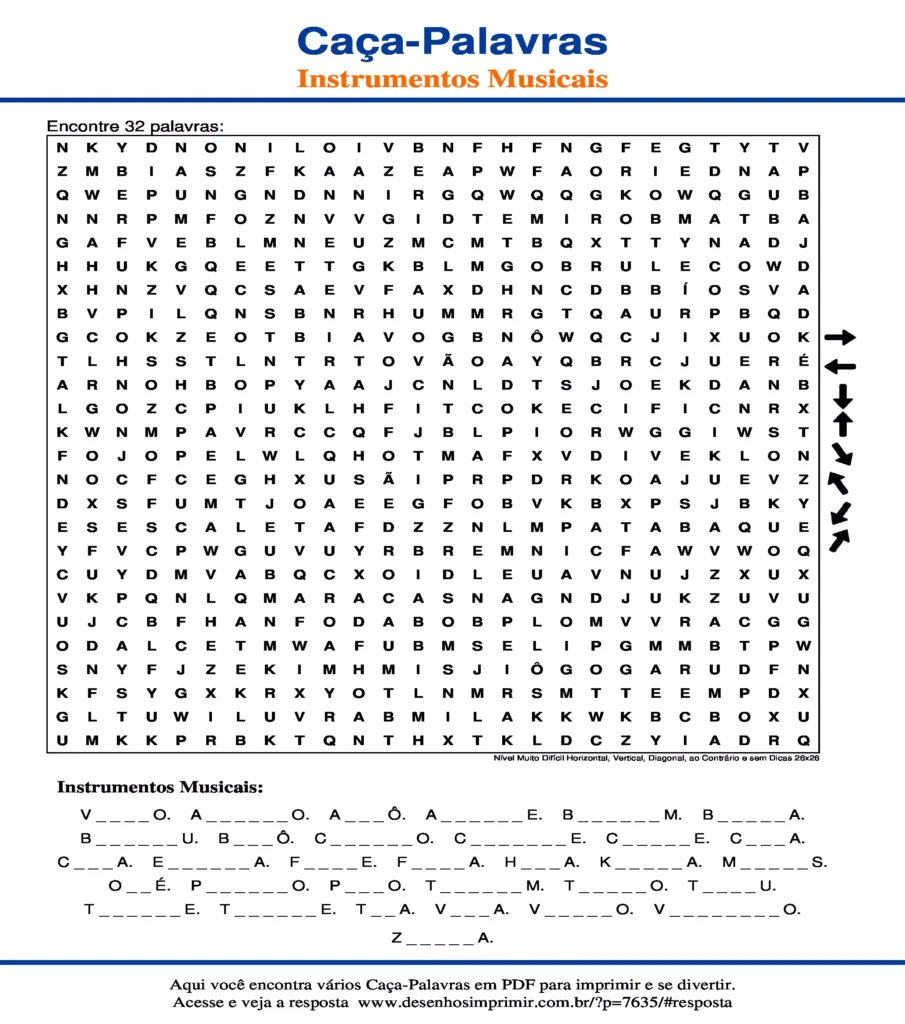 Instrumentos Musicais Nível Muito Difícil Horizontal, Vertical, Diagonal, ao Contrário e sem Dicas 26x26 caça palavras Caça Palavras Instrumentos Musicais Nível Muito Difícil Horizontal, Vertical, Diagonal, ao Contrário e sem Dicas 26x26 para imprimir