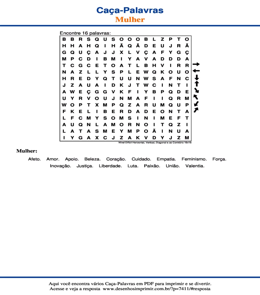 Dia Internacional da Mulher Nível Difícil Horizontal, Vertical, Diagonal e ao Contrário 16x16 caça palavras Caça Palavras Dia Internacional da Mulher Nível Difícil Horizontal, Vertical, Diagonal e ao Contrário 16x16 para imprimir