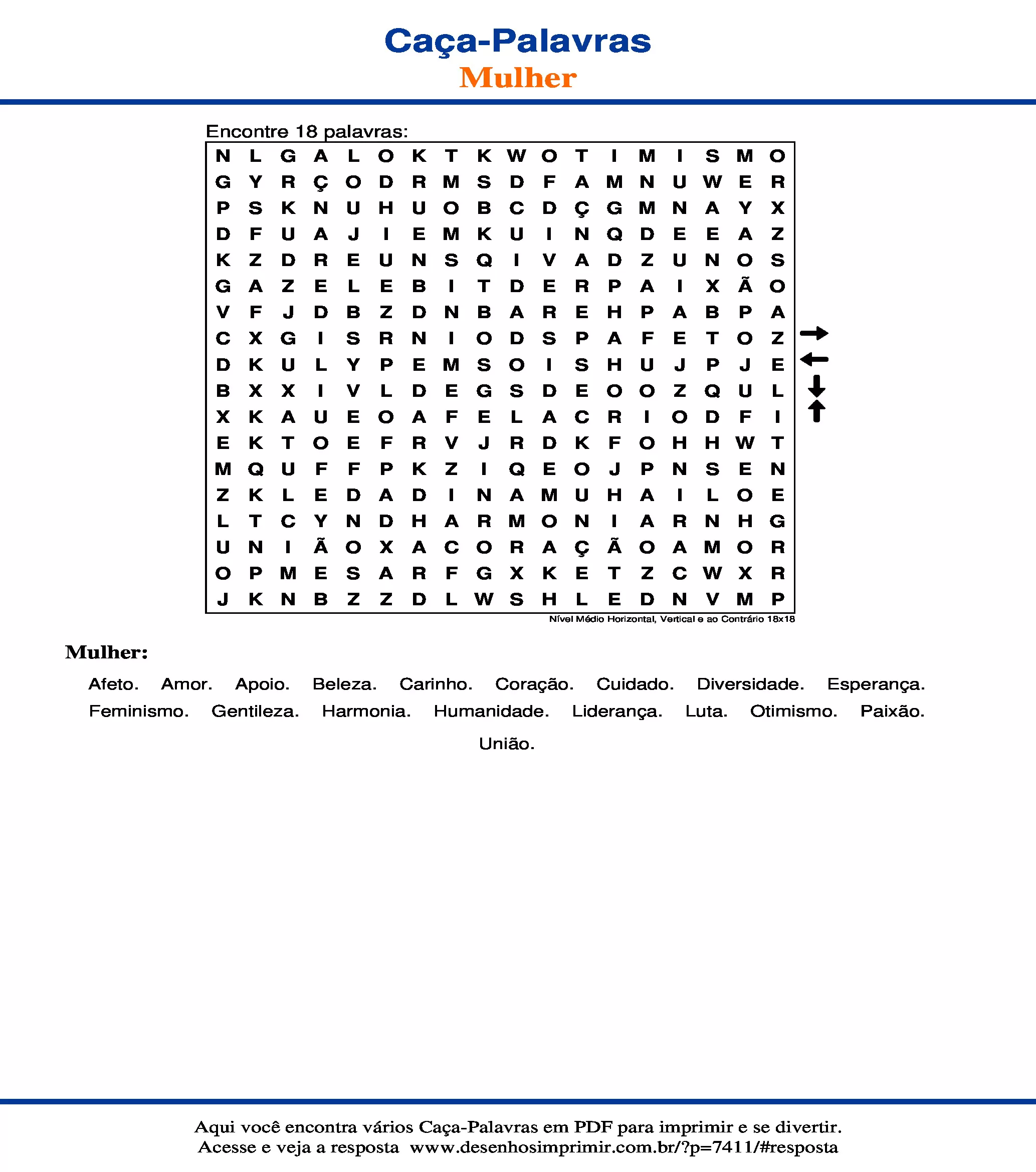 Caça Palavras Nível Médio Horizontal, Vertical e ao Contrário 18x18