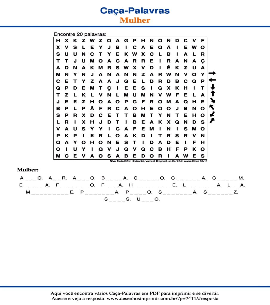 Dia Internacional da Mulher Nível Muito Difícil Horizontal, Vertical, Diagonal, ao Contrário e sem Dicas 18x18 caça palavras Caça Palavras Dia Internacional da Mulher Nível Muito Difícil Horizontal, Vertical, Diagonal, ao Contrário e sem Dicas 18x18 para imprimir