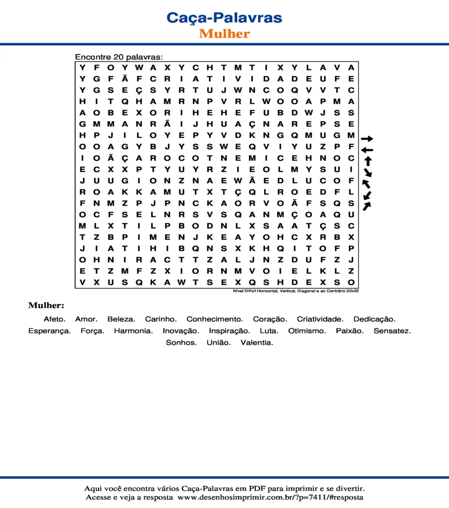 Dia Internacional da Mulher Nível Difícil Horizontal, Vertical, Diagonal e ao Contrário 20x20 caça palavras Caça Palavras Dia Internacional da Mulher Nível Difícil Horizontal, Vertical, Diagonal e ao Contrário 20x20 para imprimir