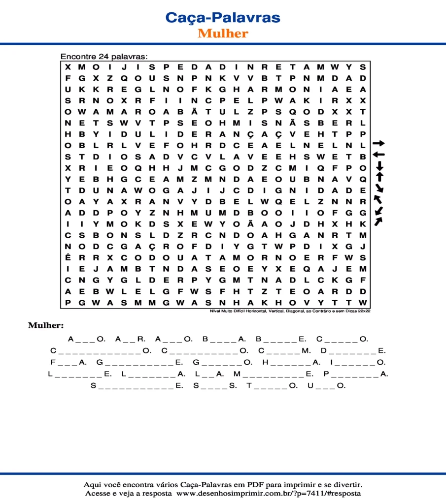 Dia Internacional da Mulher Nível Muito Difícil Horizontal, Vertical, Diagonal, ao Contrário e sem Dicas 22x22 caça palavras Caça Palavras Dia Internacional da Mulher Nível Muito Difícil Horizontal, Vertical, Diagonal, ao Contrário e sem Dicas 22x22 para imprimir