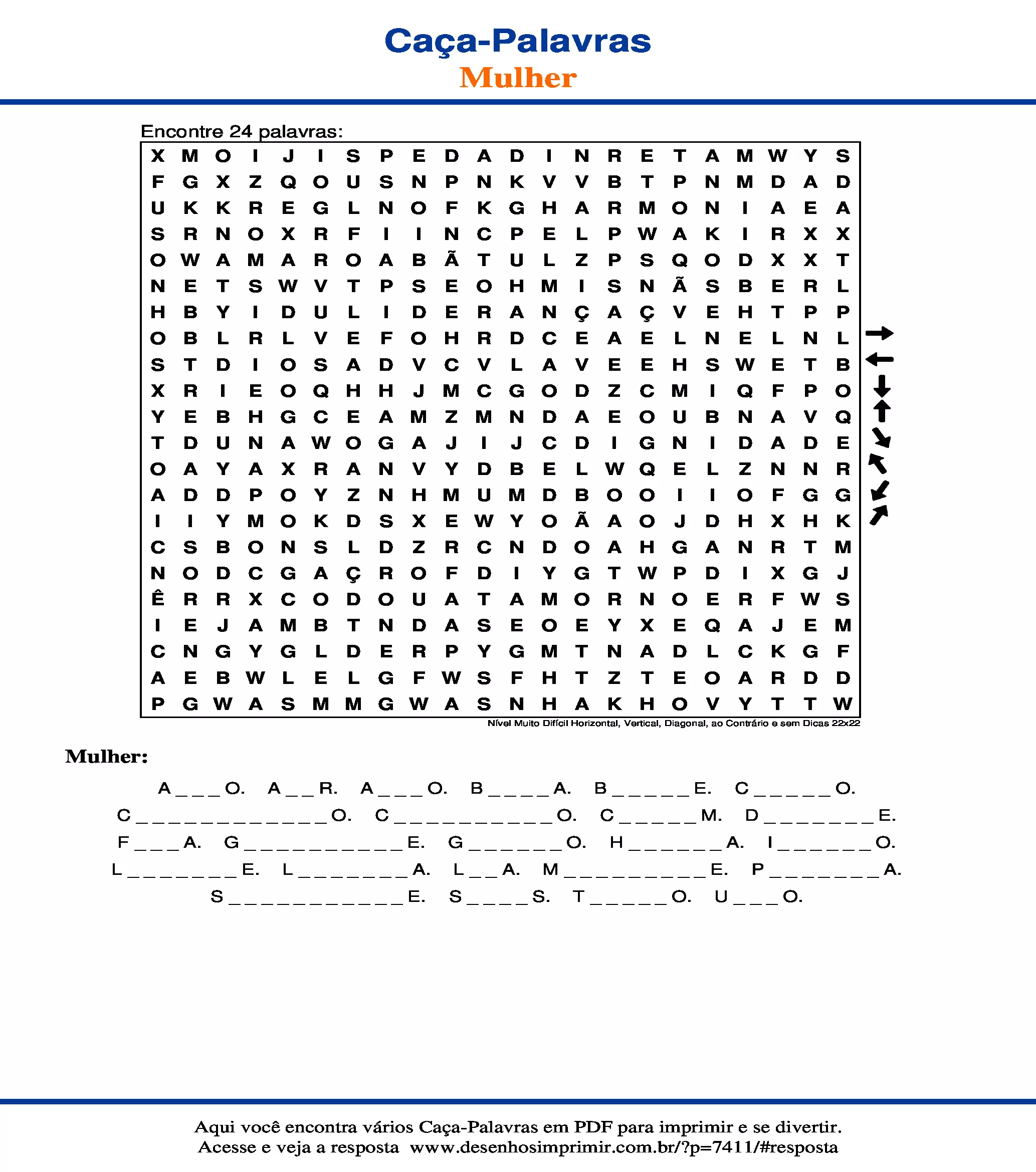 Caça Palavras Nível Muito Difícil Horizontal, Vertical, Diagonal, ao Contrário e sem Dicas 22x22