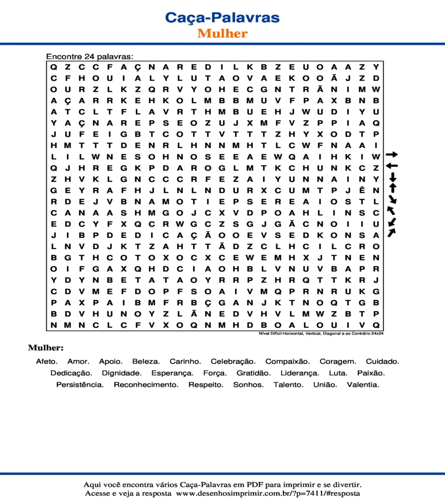 Dia Internacional da Mulher Nível Difícil Horizontal, Vertical, Diagonal e ao Contrário 24x24 caça palavras Caça Palavras Dia Internacional da Mulher Nível Difícil Horizontal, Vertical, Diagonal e ao Contrário 24x24 para imprimir