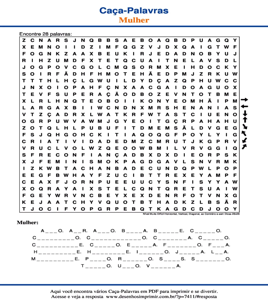 Dia Internacional da Mulher Nível Muito Difícil Horizontal, Vertical, Diagonal, ao Contrário e sem Dicas 26x26 caça palavras Caça Palavras Dia Internacional da Mulher Nível Muito Difícil Horizontal, Vertical, Diagonal, ao Contrário e sem Dicas 26x26 para imprimir