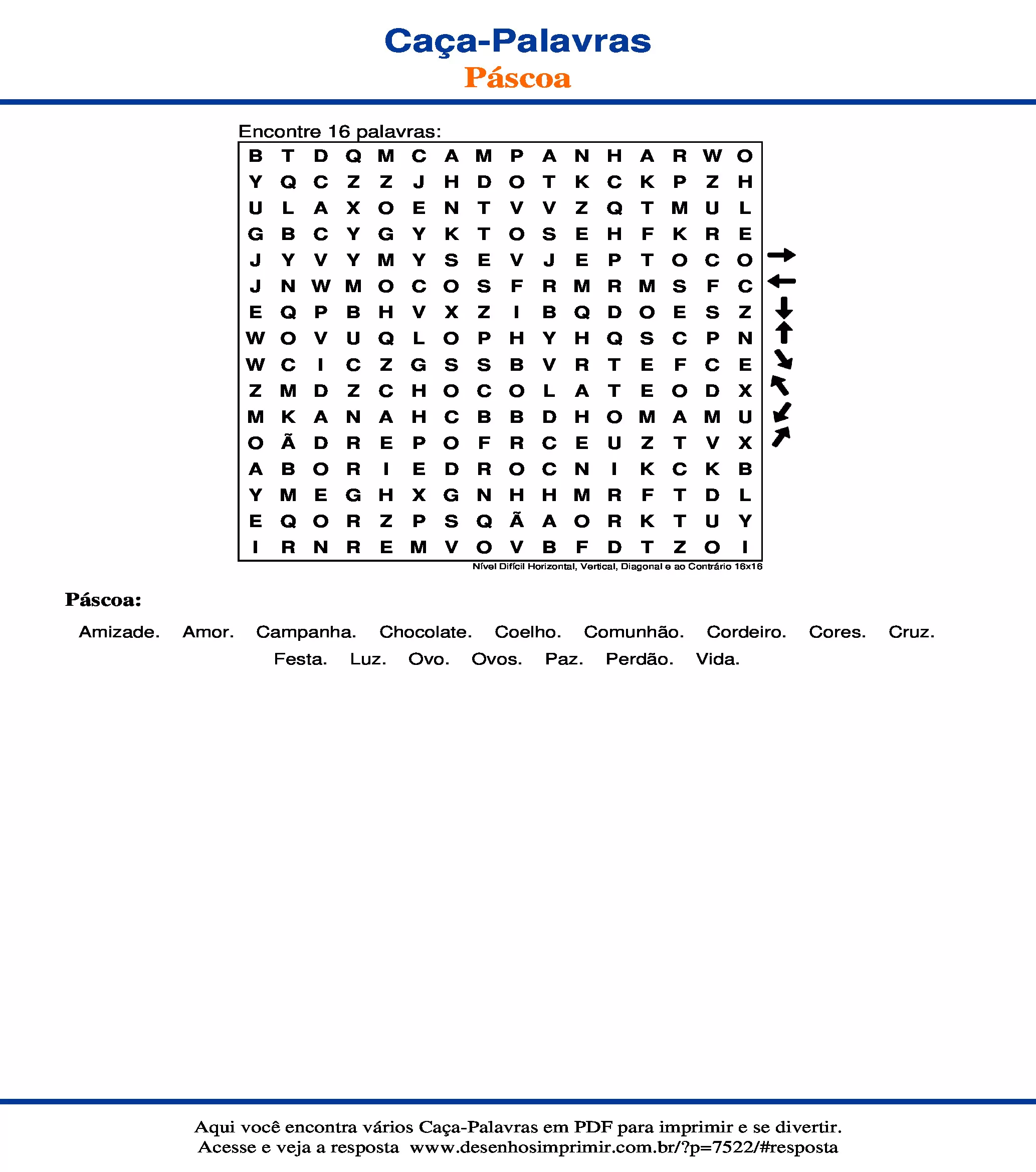 Caça Palavras Nível Difícil Horizontal, Vertical, Diagonal e ao Contrário 16x16