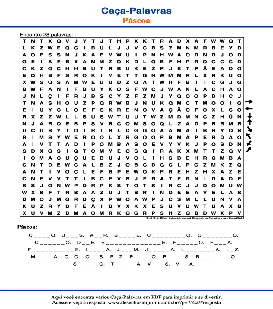 Páscoa Nível Muito Difícil Horizontal, Vertical, Diagonal, ao Contrário e sem Dicas 26x26 caça palavras Caça Palavras Páscoa Nível Muito Difícil Horizontal, Vertical, Diagonal, ao Contrário e sem Dicas 26x26 para imprimir