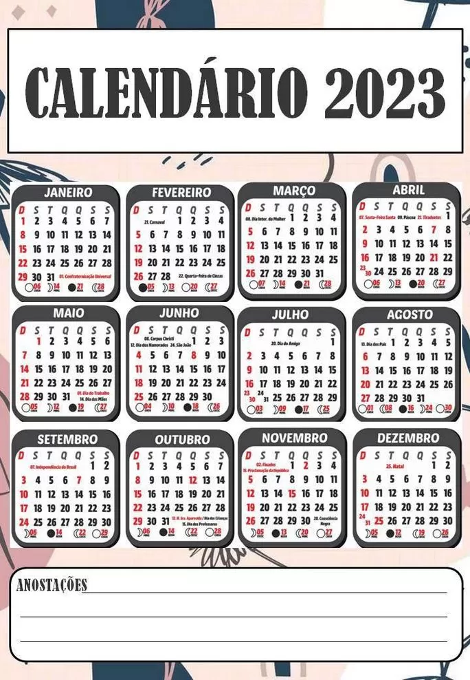 Calendário 2023 Brasil com feriados e espaço para anotações