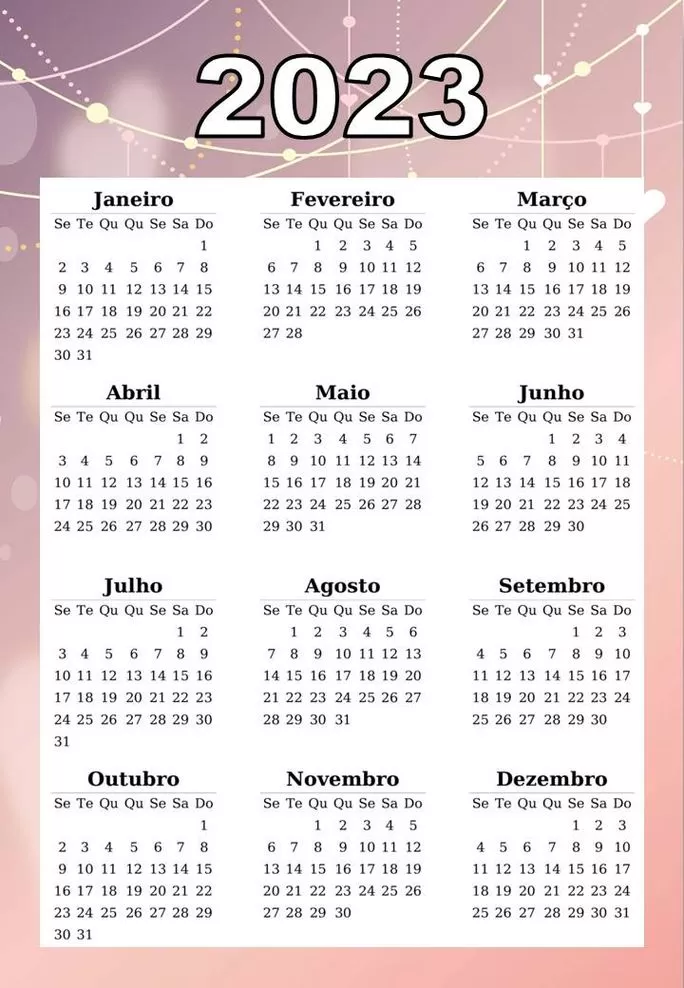 Calendário 2023 Brasil com tema Correntes e Corações