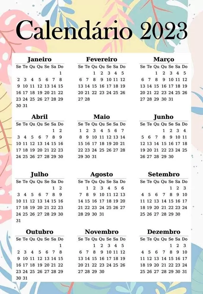 Calendário 2023 Brasil decorado com folhagens