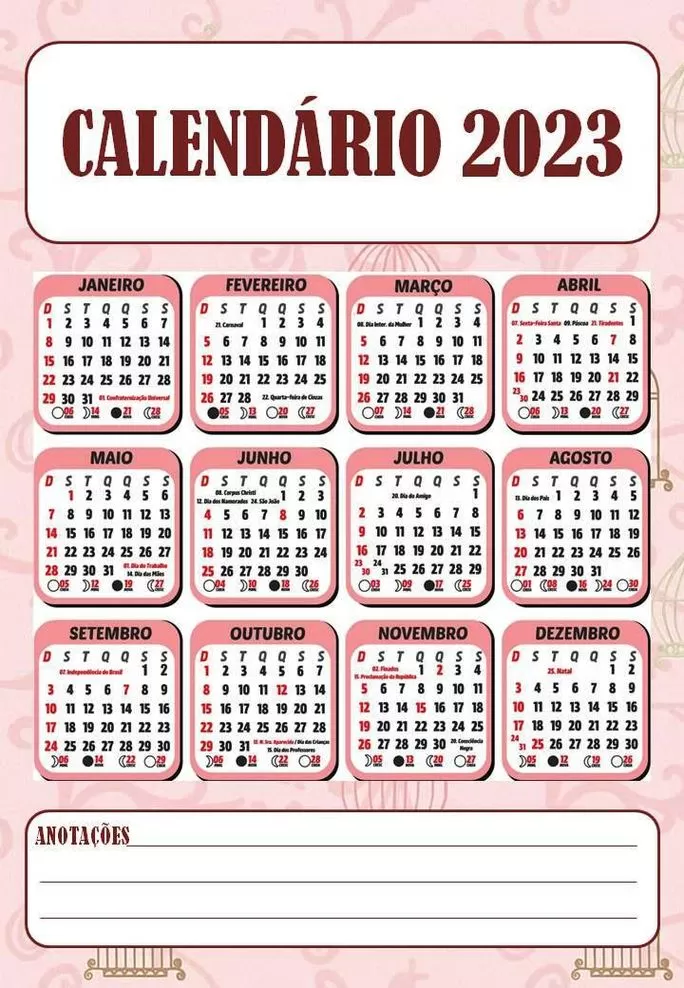 Calendário 2023 Brasil com tema de gaiolas rosa. Visão anual completa com feriados e espaço para anotações.