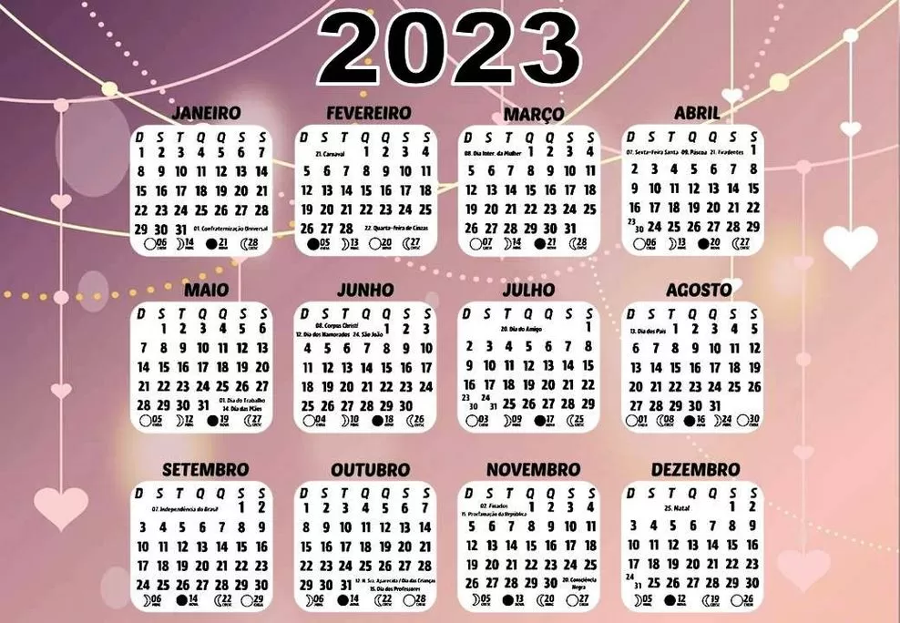 Calendário 2023 Brasil com tema de luzes e datas comemorativas.