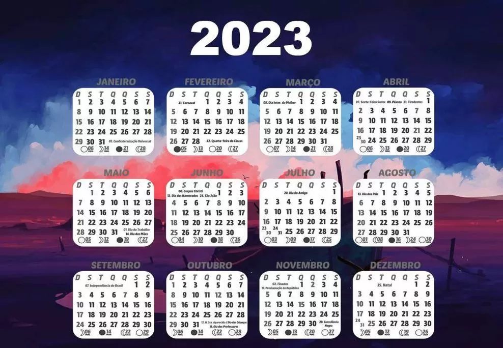 Calendário 2023 Brasil com feriados e fases da lua em paisagem noturna