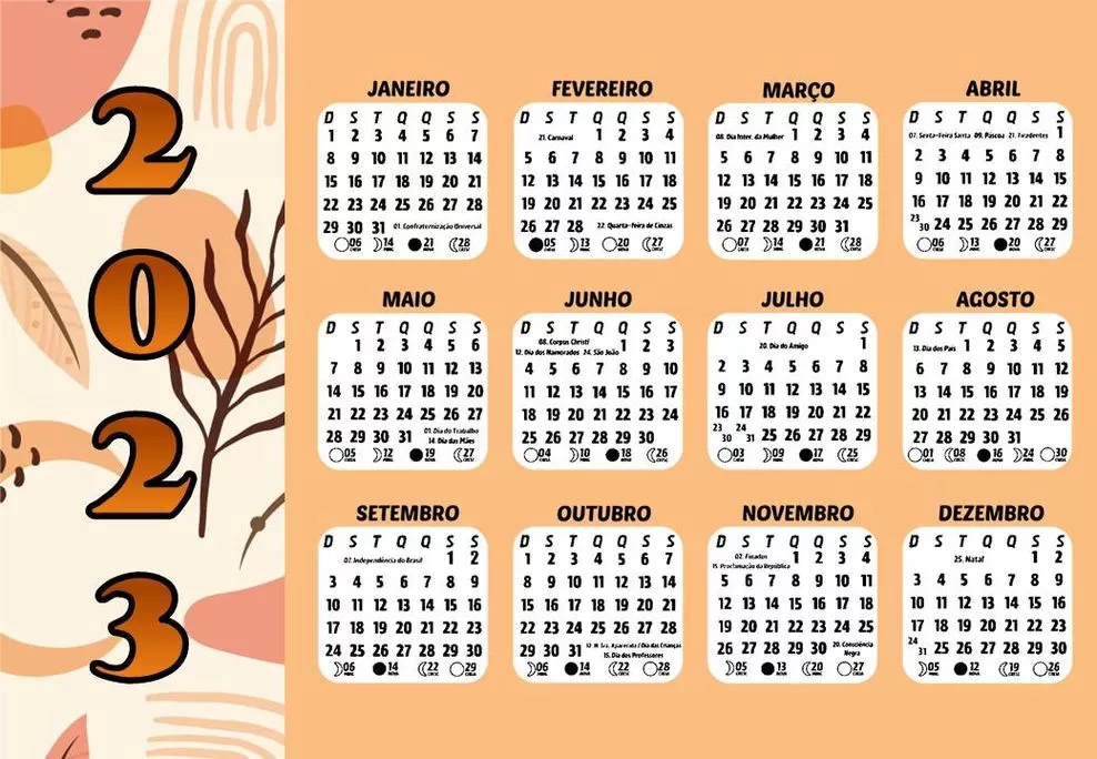 Calendário 2023 Brasil Vintage Personalizado com feriados