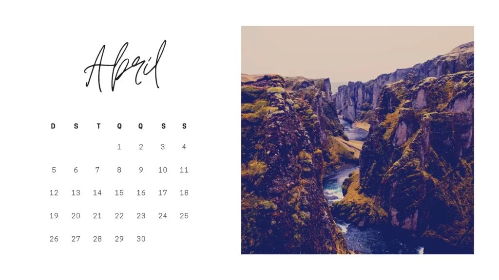 Calendário Abril 2023 com Feriado: paisagem de cânion e rio
