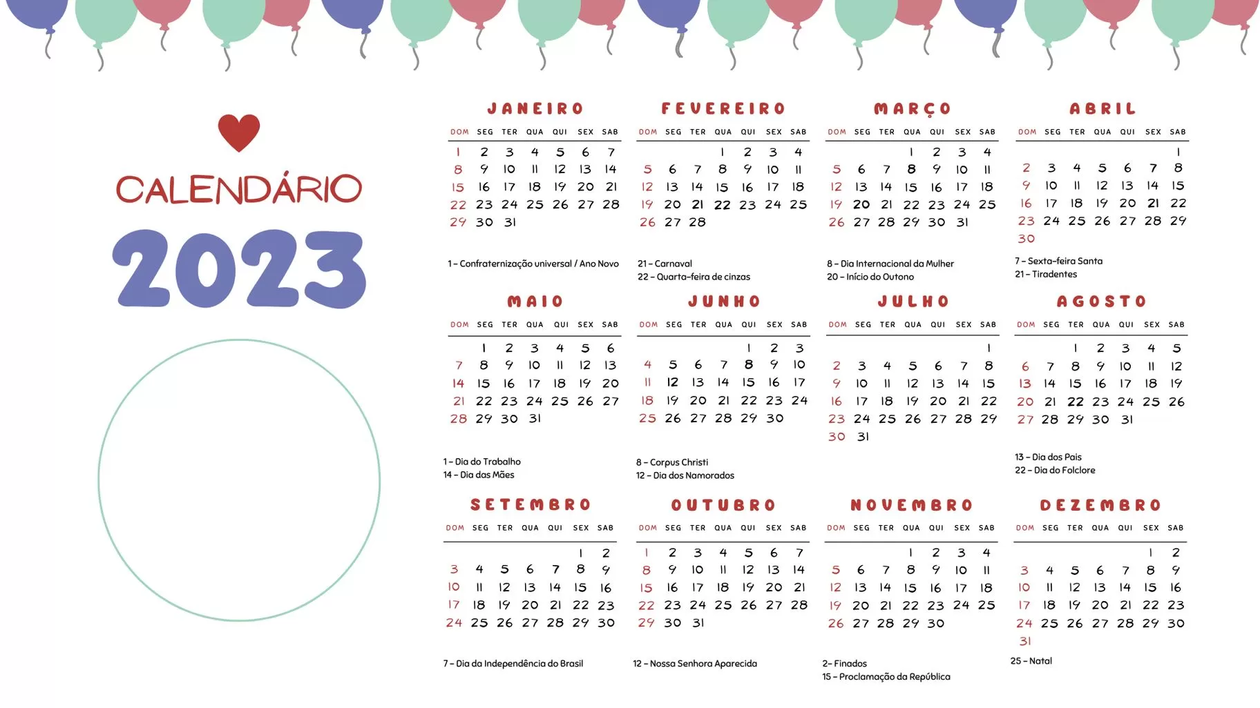 Calendários 2023 com Feriados para imprimir Aniversário