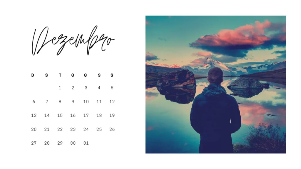Calendário Dezembro 2023 com Feriados para imprimir. Visão da natureza refletida em lago.