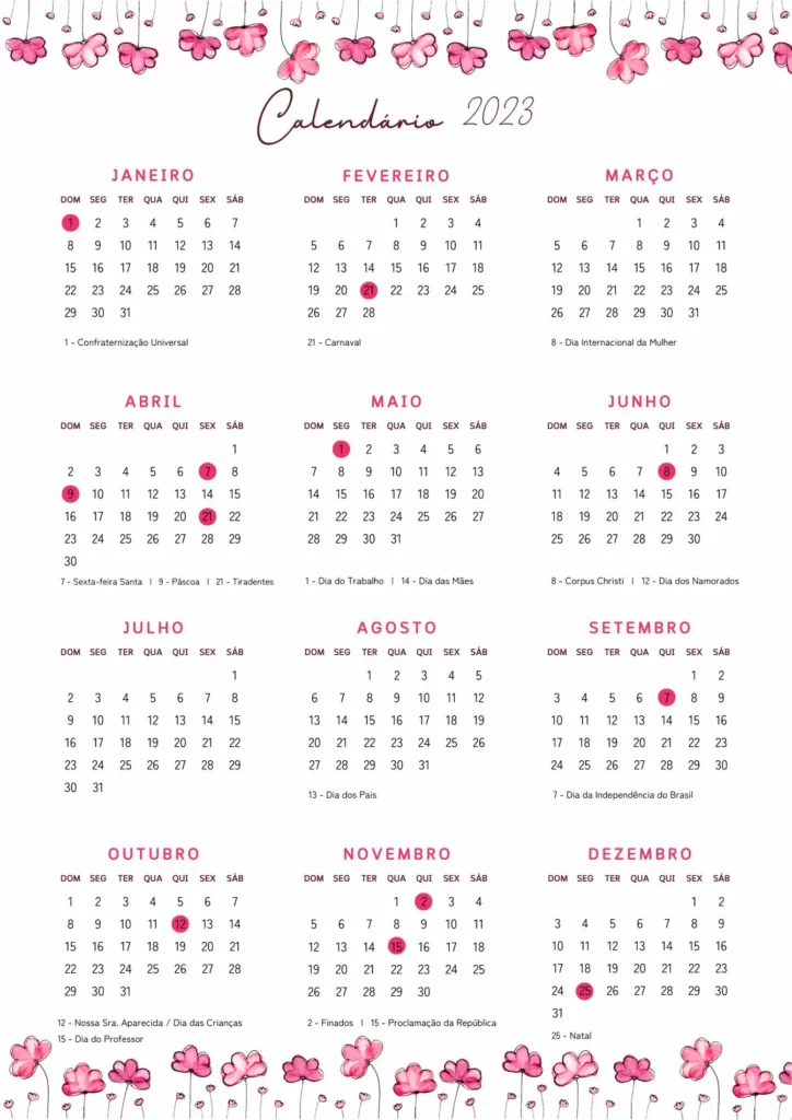 Calendário 2023 com Feriados e Flores Rosas para impressão