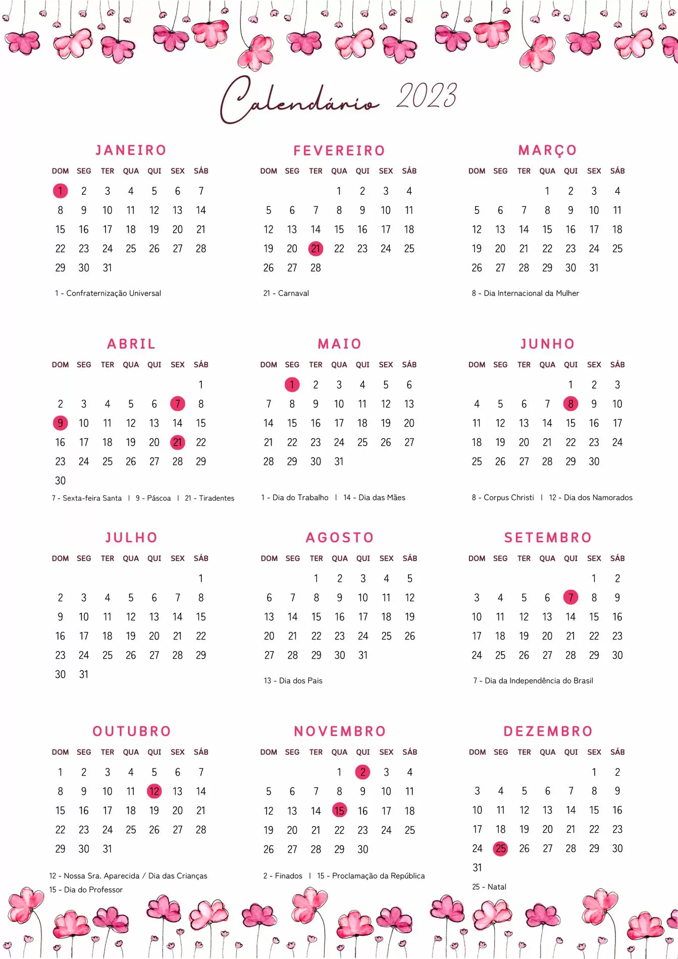 Calendário 2023 com Feriados e Flores Rosas para impressão