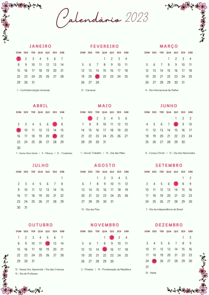 Calendário 2023 com Feriados e Flores Verdes para visualização e planejamento.