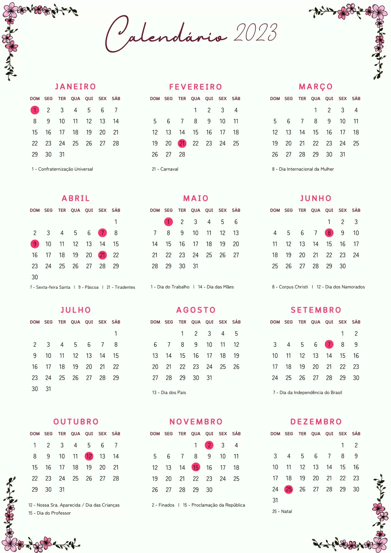 Calendário 2023 com Feriados e Flores Verdes para visualização e planejamento.