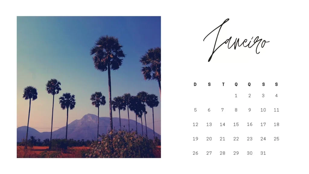 Calendário Janeiro 2023 com Feriado de Ano Novo para imprimir. Paisagem tropical com palmeiras e montanha ao fundo.