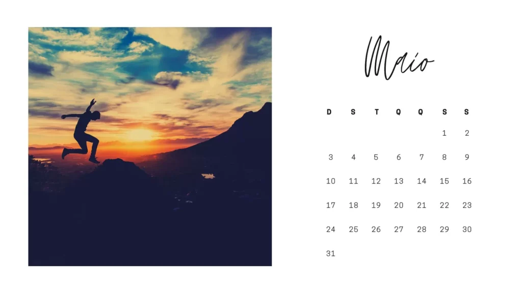 Calendário Maio 2023 com Feriados para Imprimir: Silhueta saltando ao pôr do sol.