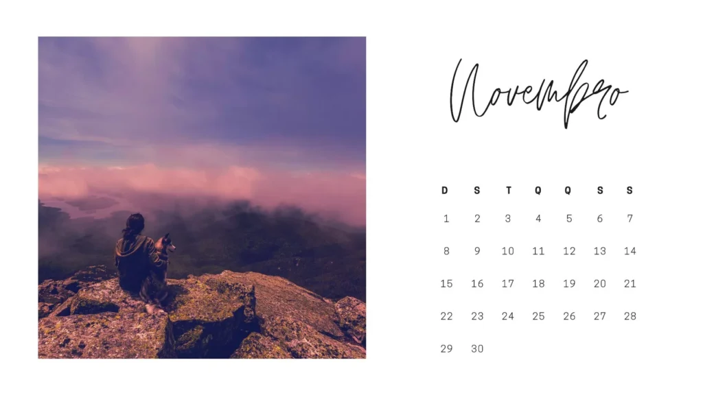 Calendário Novembro 2023 com Feriados para impressão: paisagem inspiradora e organização mensal.