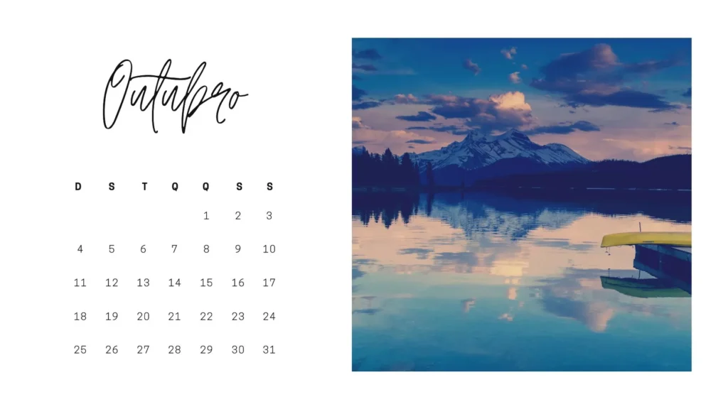 Calendário Outubro 2023 com Feriado 10 de Outubro para impressão. Foto de lago com canoa.