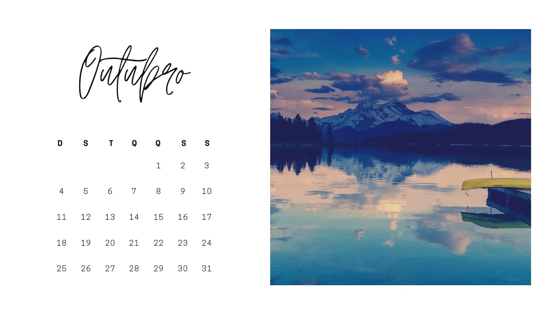 Calendário Outubro 2023 com Feriado 10 de Outubro para impressão. Foto de lago com canoa.