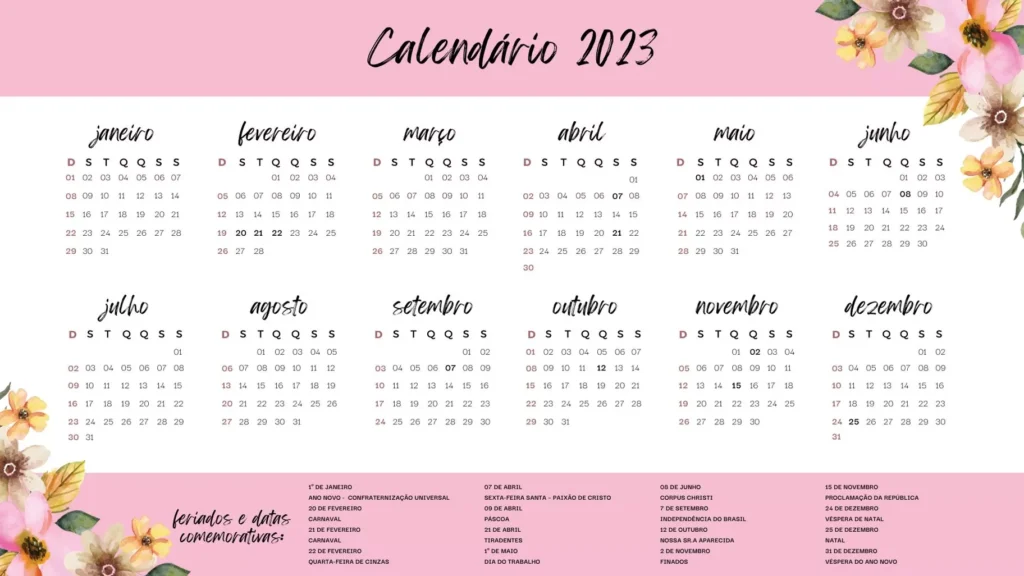 Calendário 2023 Rosa e Amarelo com Feriados Brasileiros para Imprimir