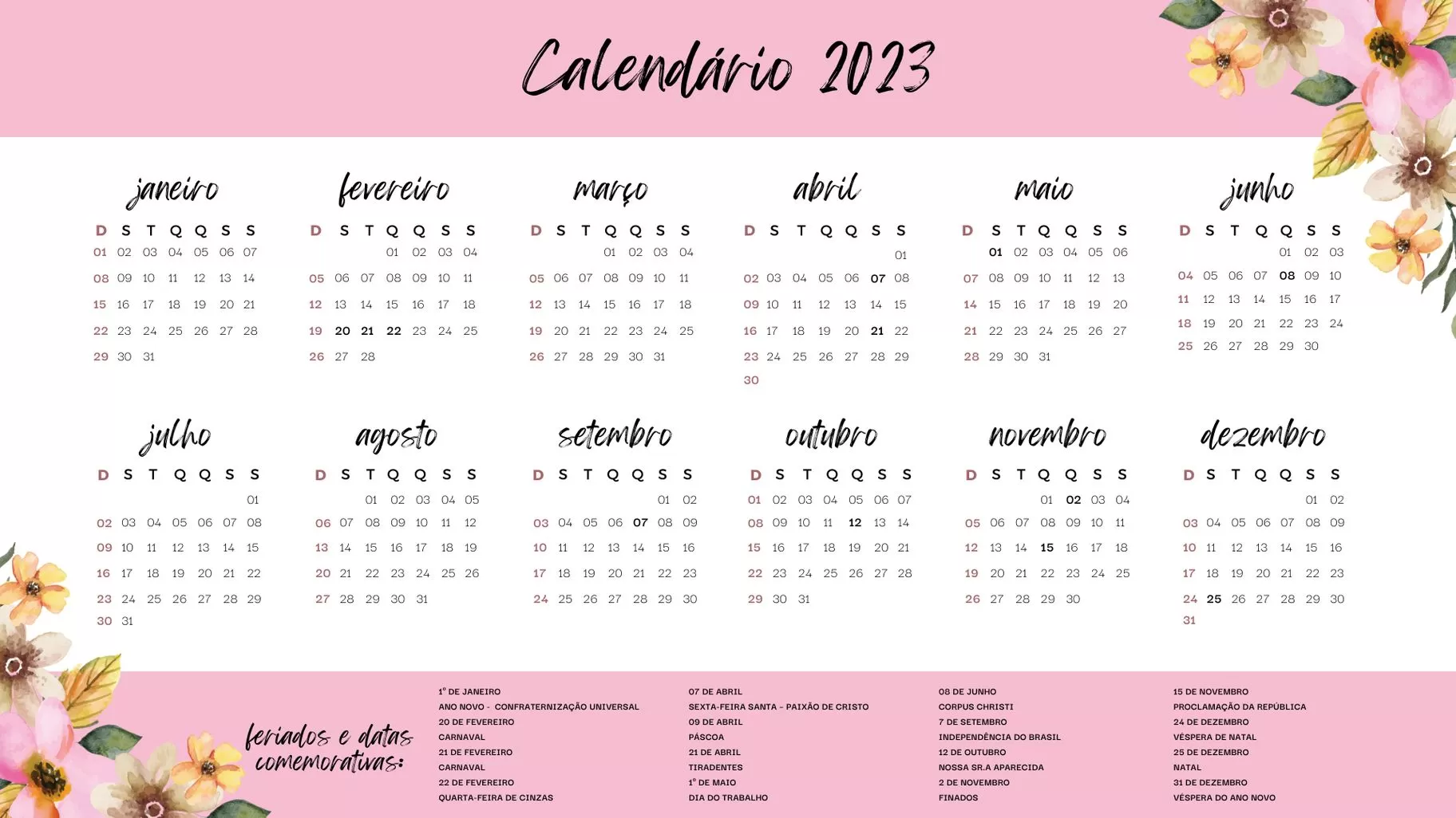 Calendários 2023 com Feriados para imprimir Rosa e Amarelo