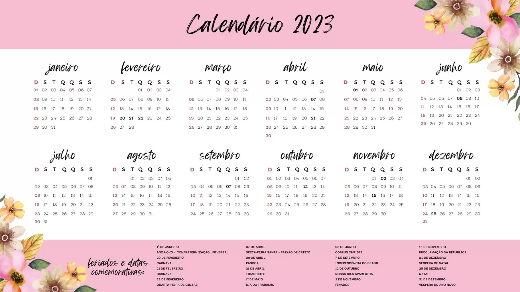 Calendário 2023 Rosa e Amarelo com Feriados Brasileiros para Imprimir