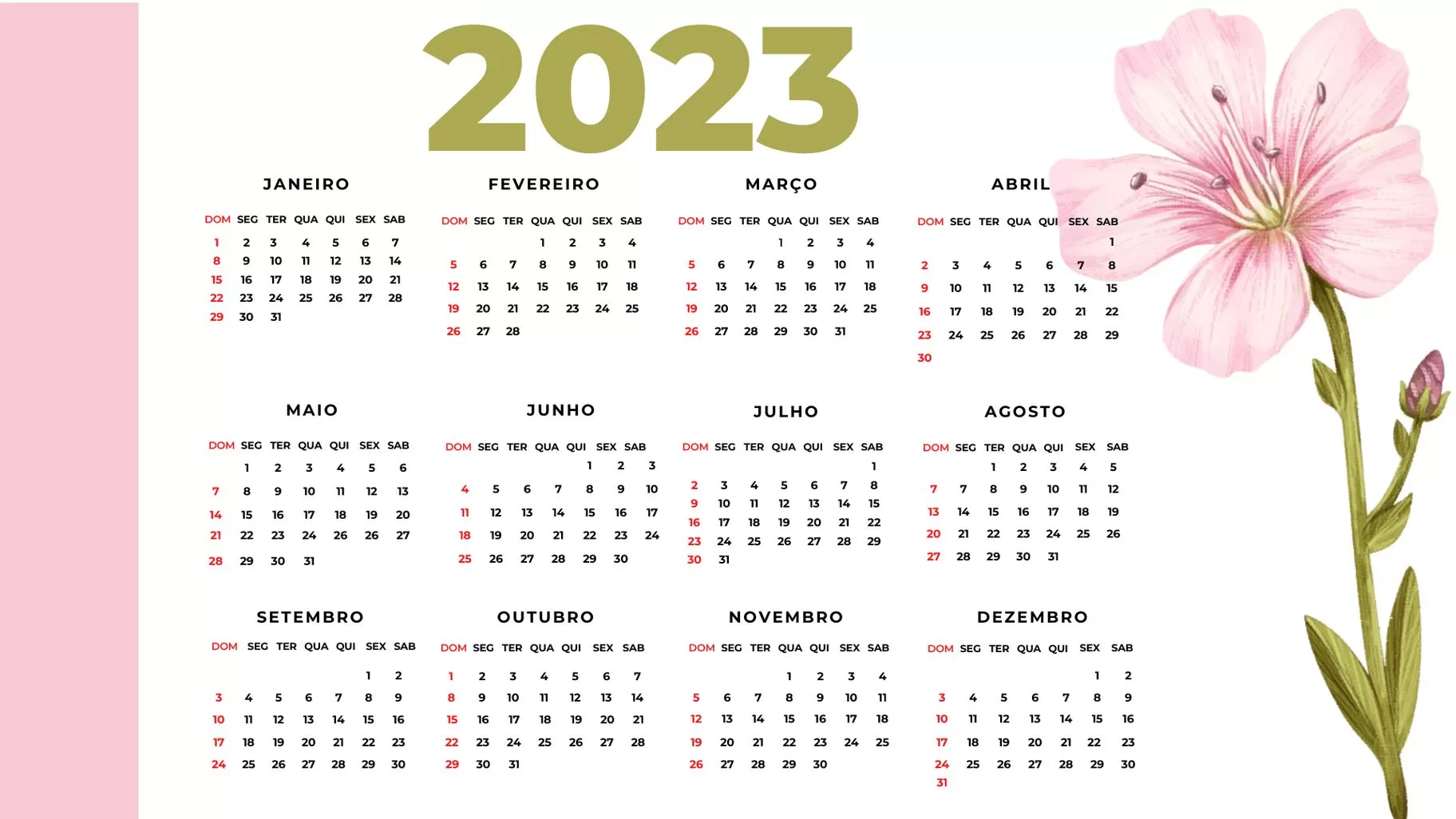 Calendários 2023 com Feriados para imprimir Rosa