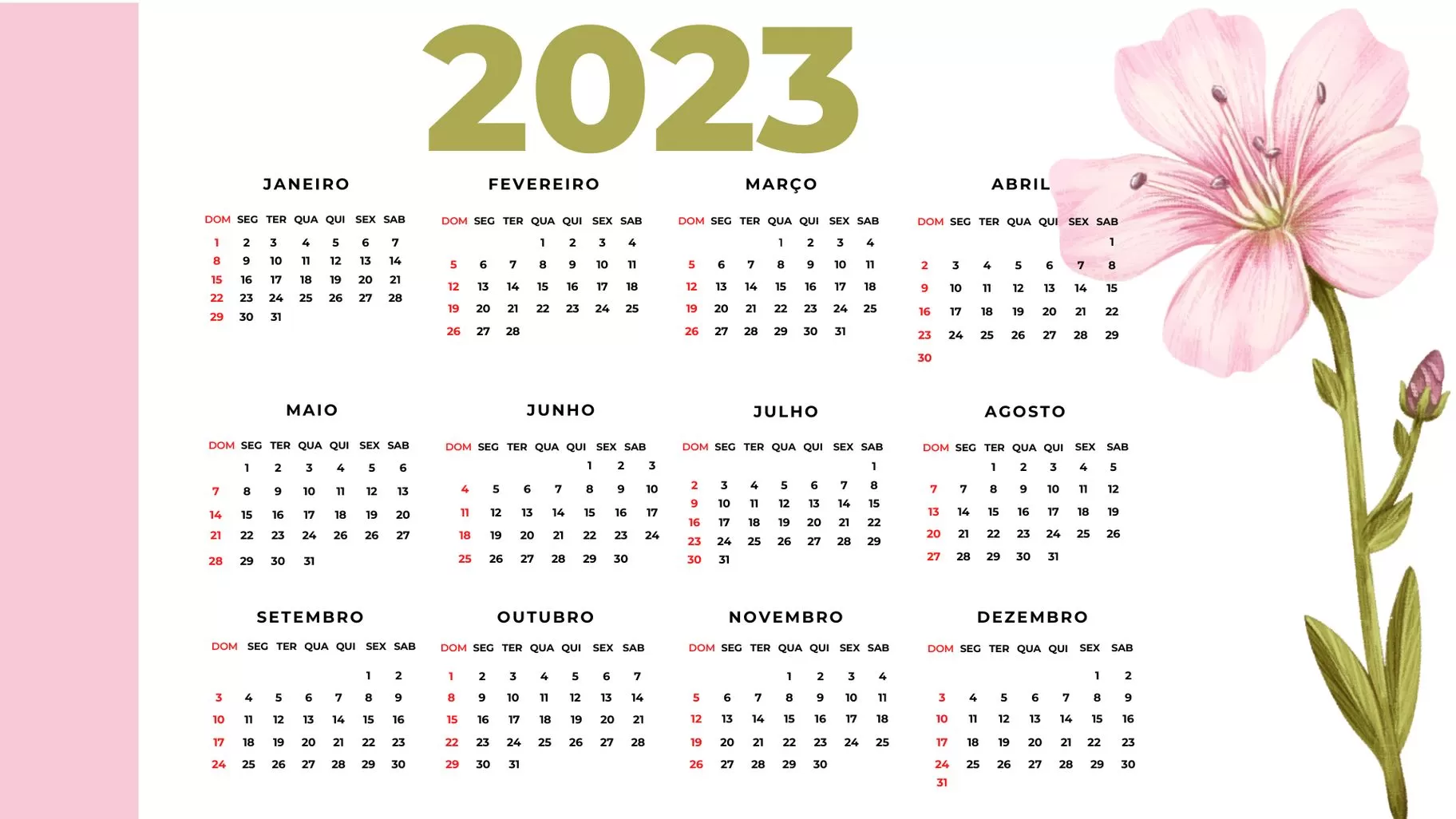 Calendário 2023 Rosa com Feriados para Imprimir