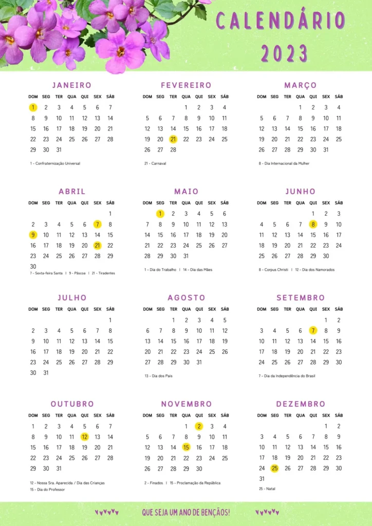 Calendário 2023 com Feriados em Roxo e Verde pronto para impressão. Planeje o ano com datas comemorativas destacadas.