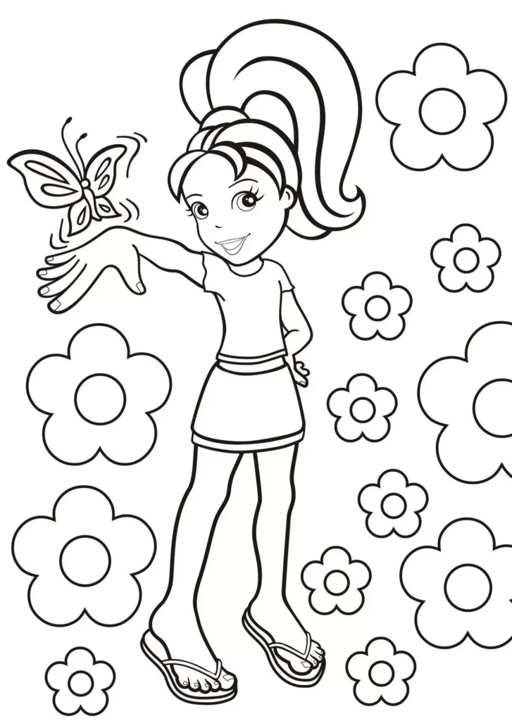 Desenhos da Polly Pocket para colorir Borboleta Polly Pocket Borboleta para colorir: desenho da boneca sorrindo com flores e borboleta.