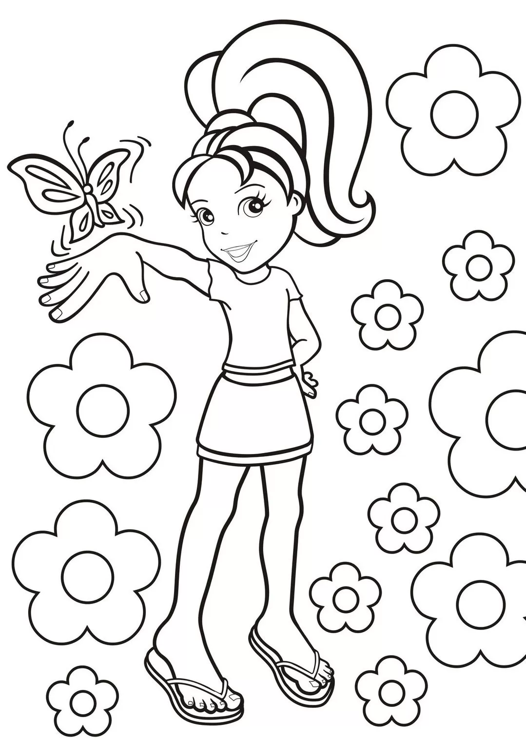 Desenhos da Polly Pocket para colorir Borboleta Polly Pocket Borboleta para colorir: desenho da boneca sorrindo com flores e borboleta.