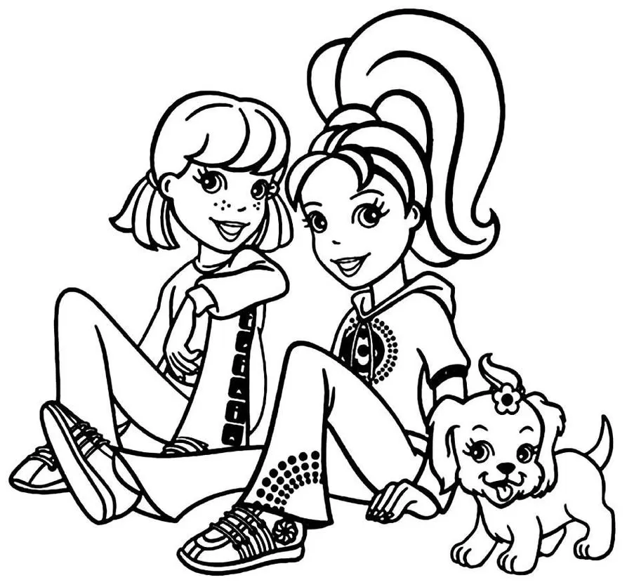 Desenhos da Polly Pocket para colorir Conversando Polly Pocket para colorir: amigas em bate-papo com cachorrinho.