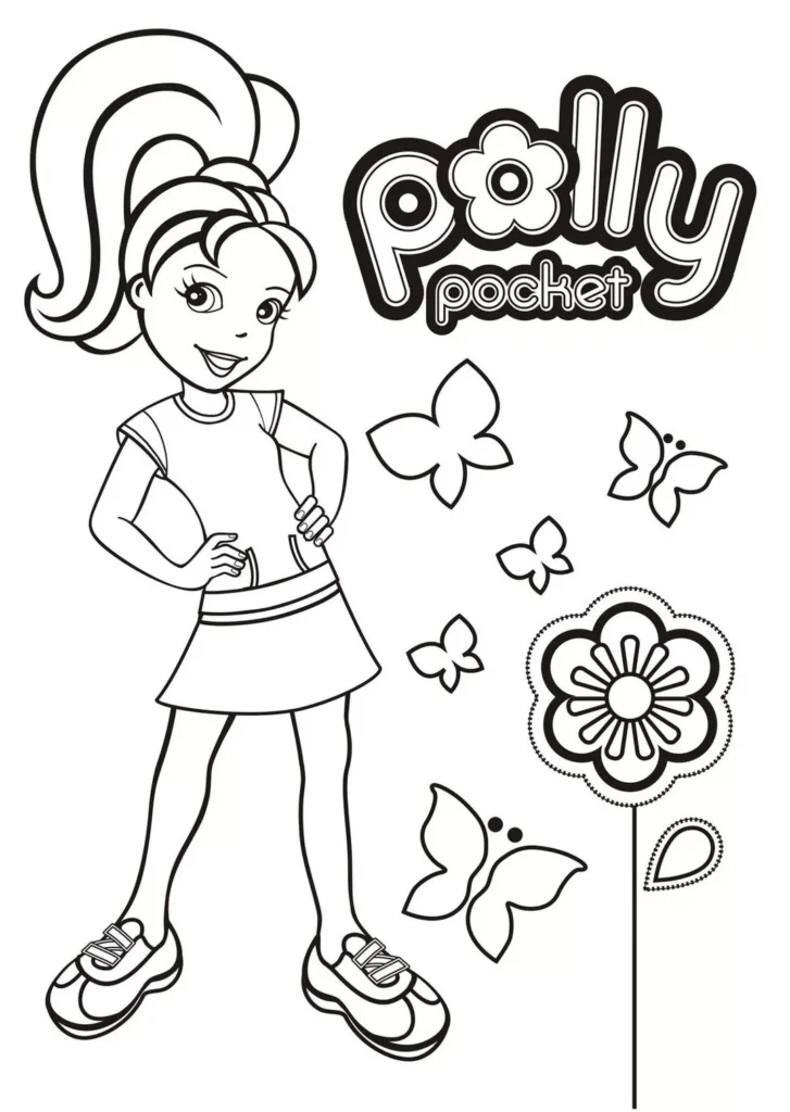 Desenhos da Polly Pocket para colorir Linda Polly Pocket Linda para colorir: desenho com Polly sorrindo, rodeada de borboletas e flor, com logo Polly Pocket.
