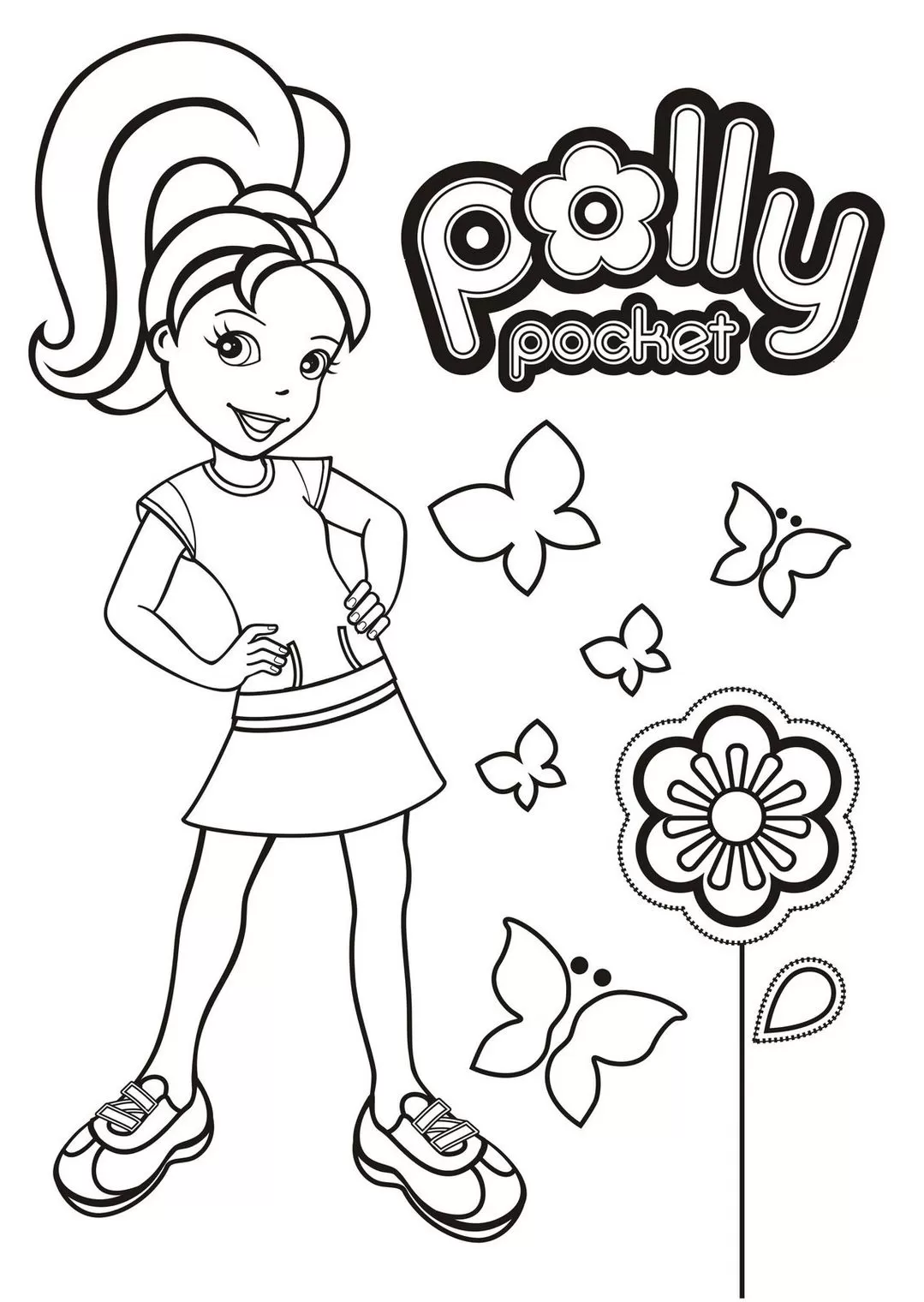 Desenhos da Polly Pocket para colorir Linda Polly Pocket Linda para colorir: desenho com Polly sorrindo, rodeada de borboletas e flor, com logo Polly Pocket.
