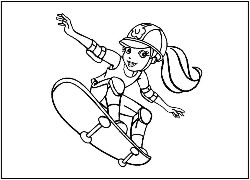 Desenhos da Polly Pocket para colorir Skatista Polly Pocket skatista: desenho para colorir com menina sorrindo em ação.