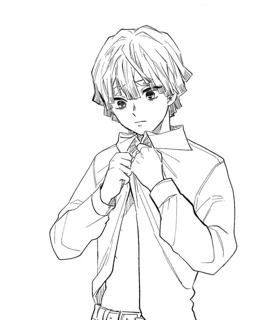 Anime para colorir: Jovem de casaco com expressão melancólica.