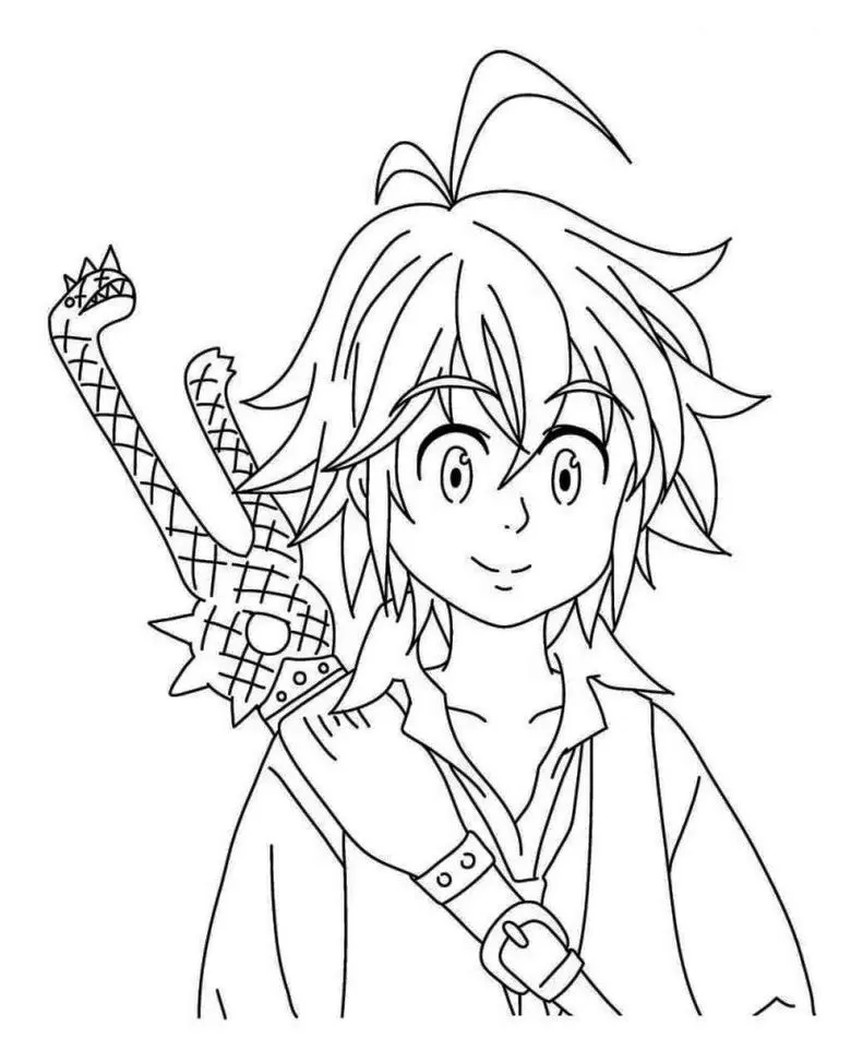 Anime com espada para colorir: jovem herói com design de dragão.